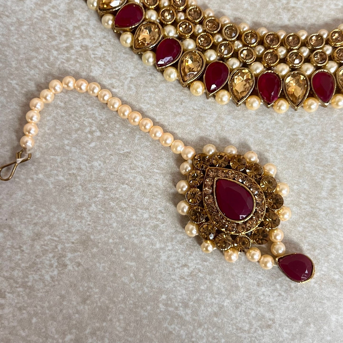Ruby/ Maroon/Dark Purple Gold Rhinestone Necklace Set Earring and Tikka/  Indian/ Pakistani/Fashion Jewellery/ Gift for Women/ Diwali/ Eid/