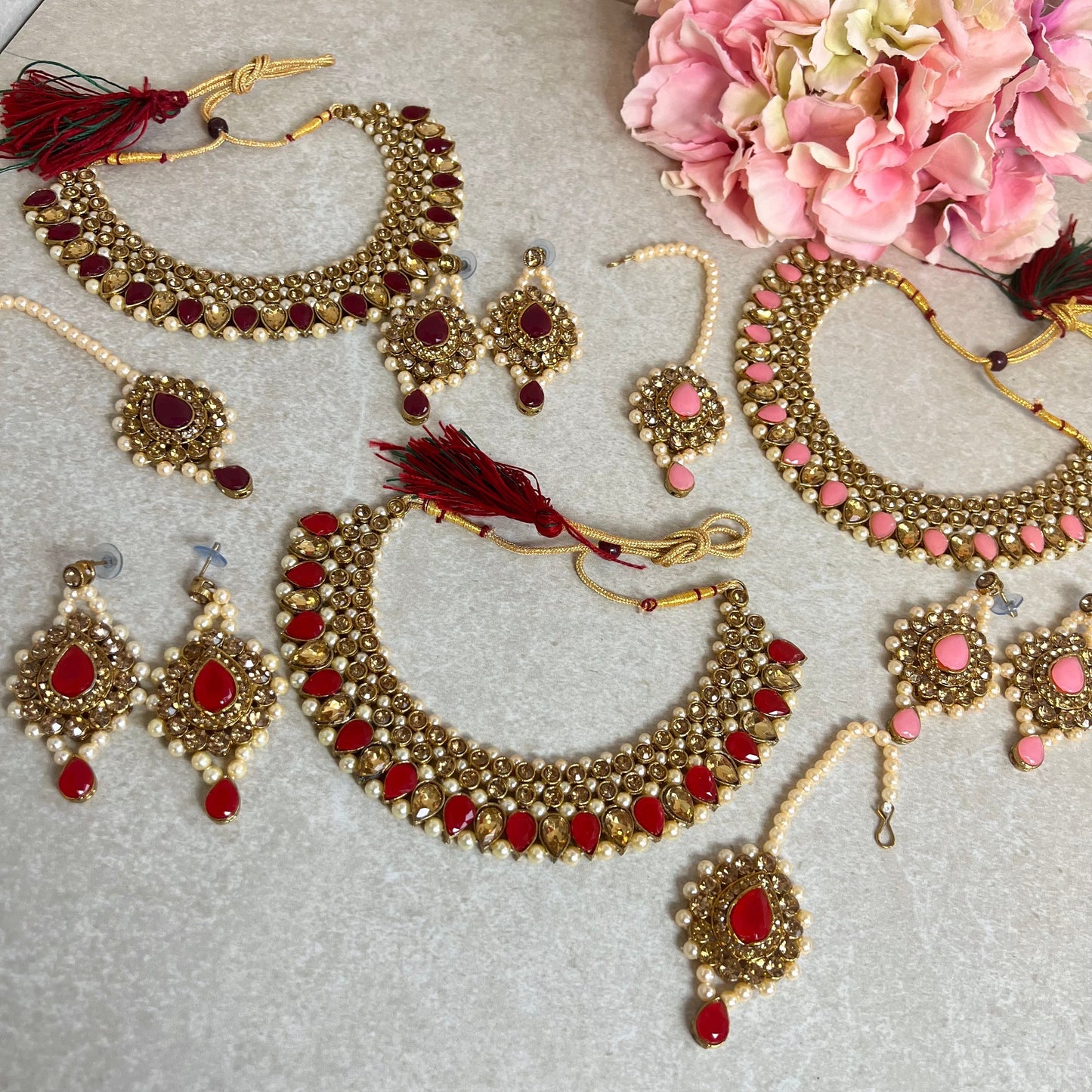 Ruby/ Maroon/Dark Purple Gold Rhinestone Necklace Set Earring and Tikka/  Indian/ Pakistani/Fashion Jewellery/ Gift for Women/ Diwali/ Eid/