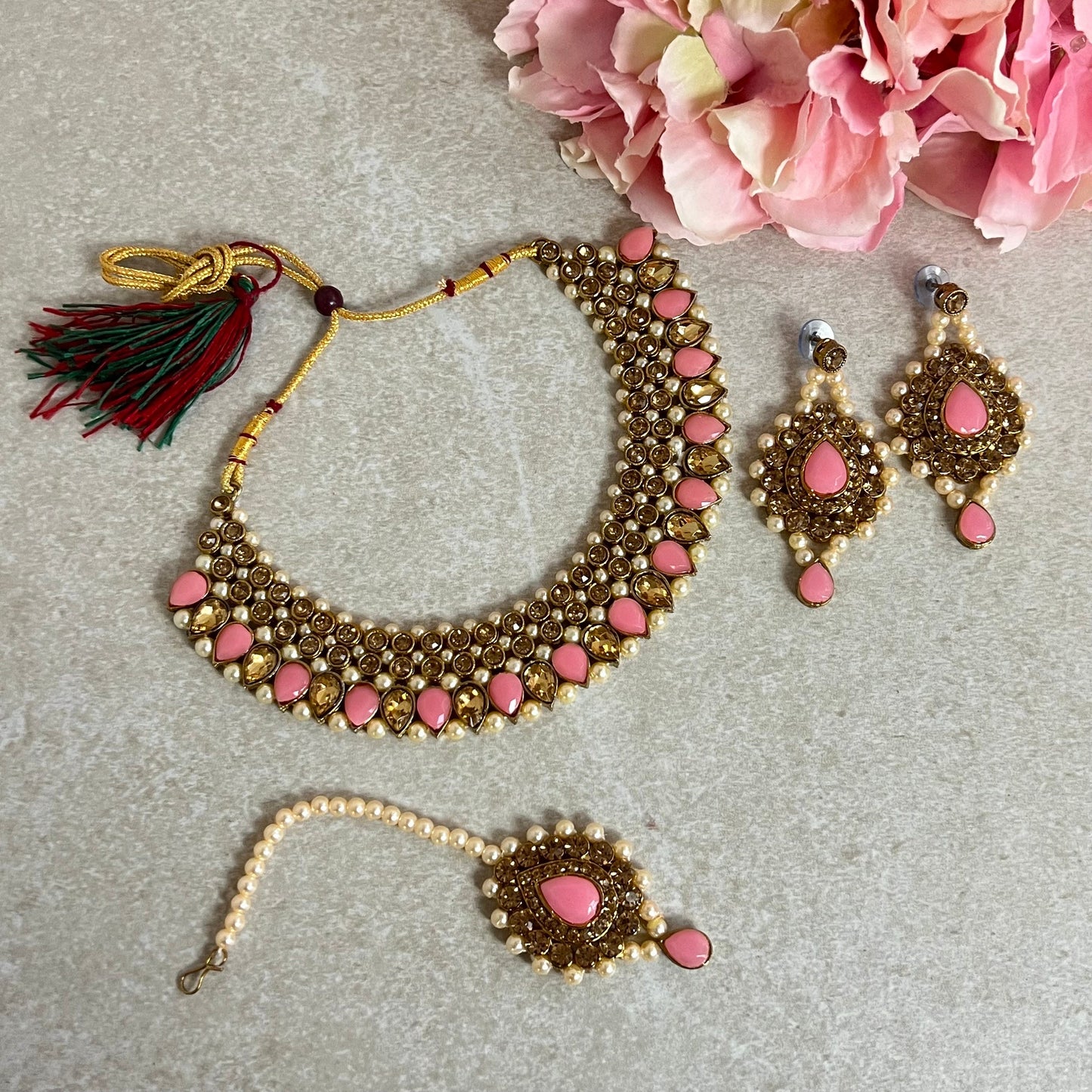 Pink and Gold Rhinestone Necklace Set Earring and Tikka/  Indian/ Pakistani/Fashion Jewellery/ Gift for Women/ Diwali/ Eid/ Ethnic Jewellery