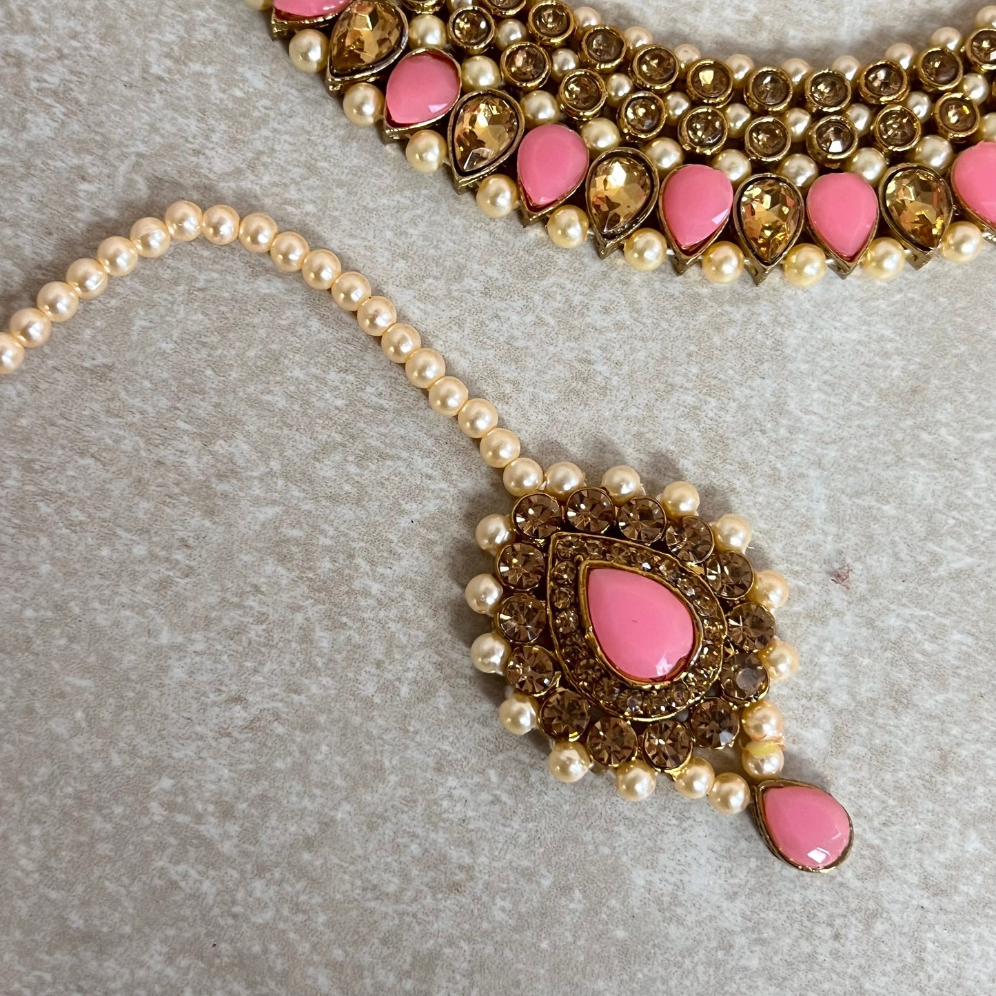 Pink and Gold Rhinestone Necklace Set Earring and Tikka/  Indian/ Pakistani/Fashion Jewellery/ Gift for Women/ Diwali/ Eid/ Ethnic Jewellery
