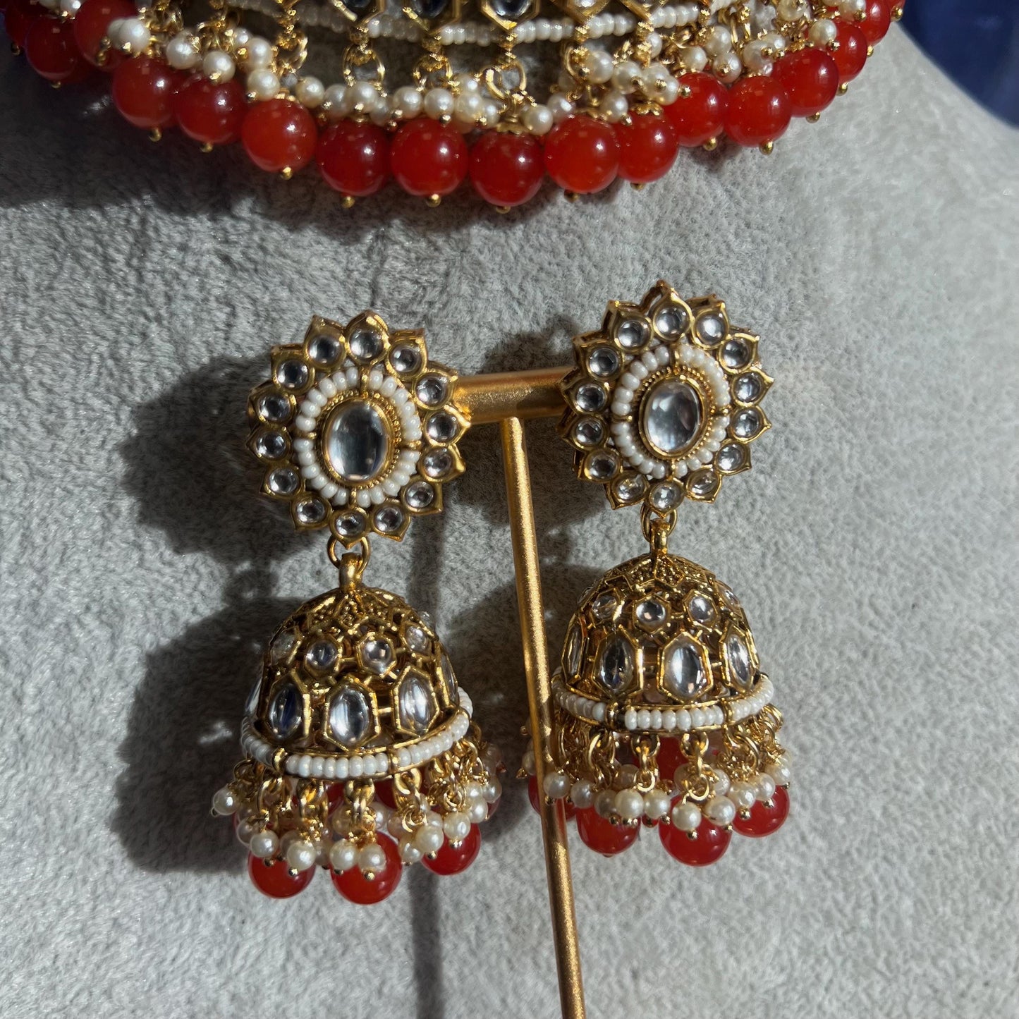 Faux Kundan Necklace set - Red/Indian/ Pakistani Style/ Choker/ Earring/ Tikka/Wedding/Party