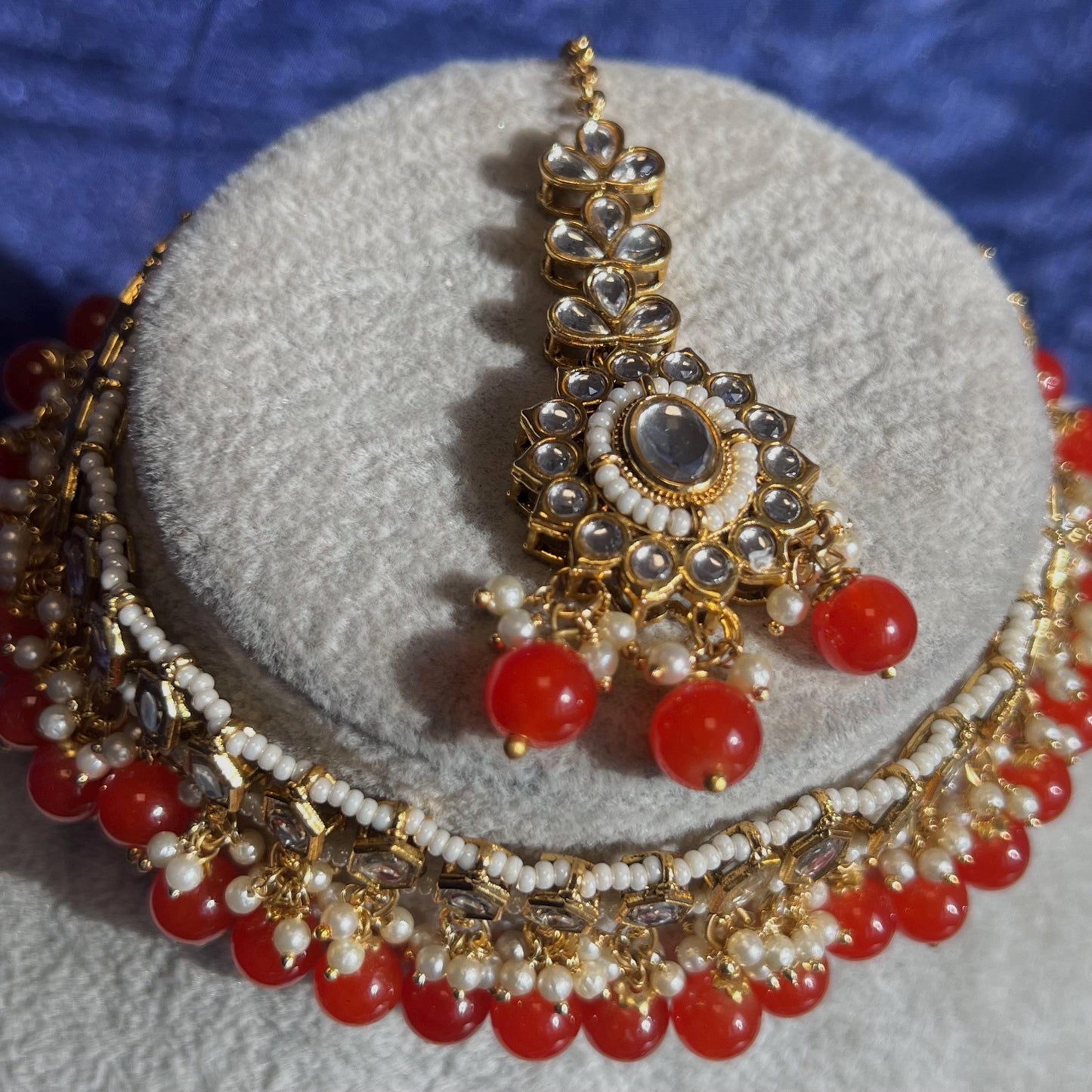 Faux Kundan Necklace set - Red/Indian/ Pakistani Style/ Choker/ Earring/ Tikka/Wedding/Party