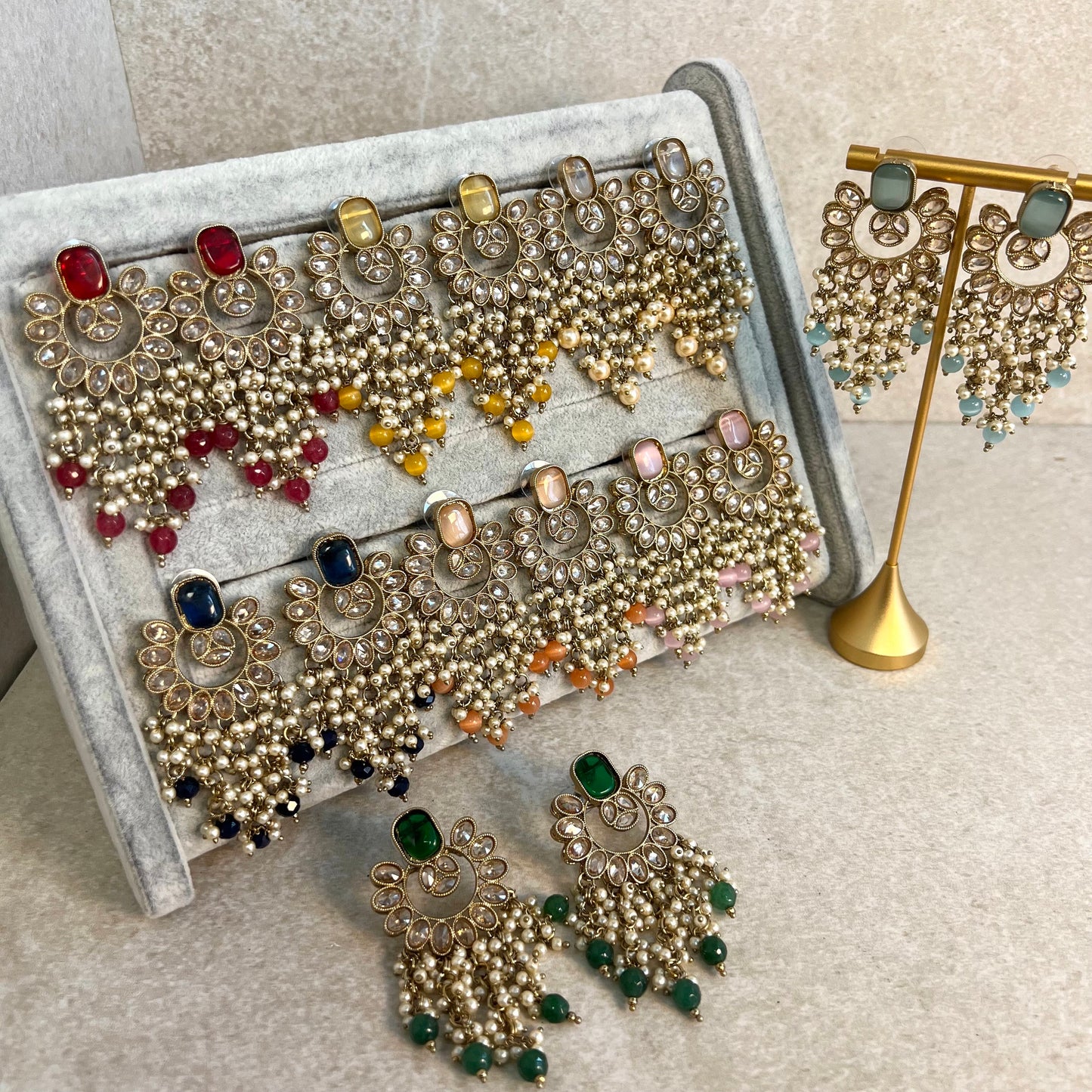 Champagne Pearl/ Long Crystal Earrings/ Fashion Jewellery/ Gift for Women/Indian/ Pakistani Style