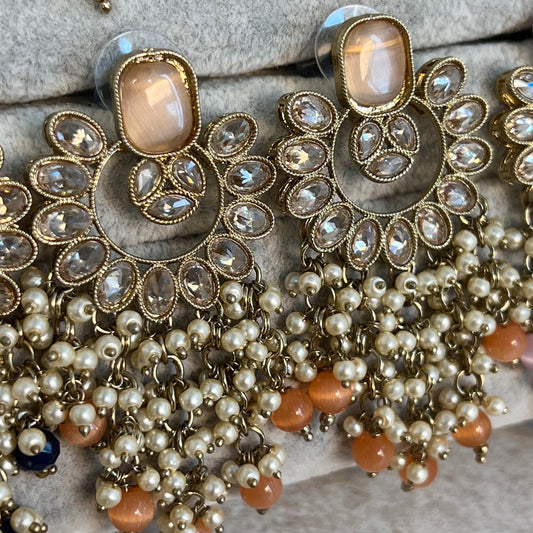 Peach Long Crystal Earrings/ Fashion Jewellery/ Gift for Women/Indian/ Pakistani Style