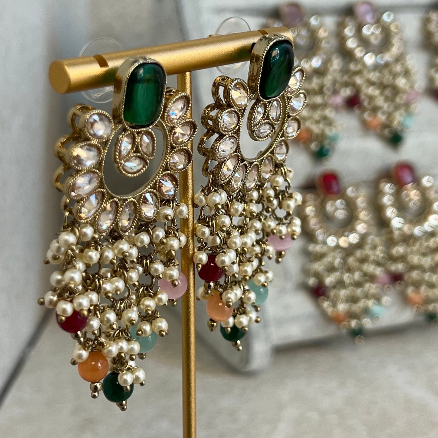 Green Multicolour Crystal Earrings/ Fashion Jewellery/ Gift for Women/Indian/Pakistani style/ Mendhi Party/ Haldi/ Colourful