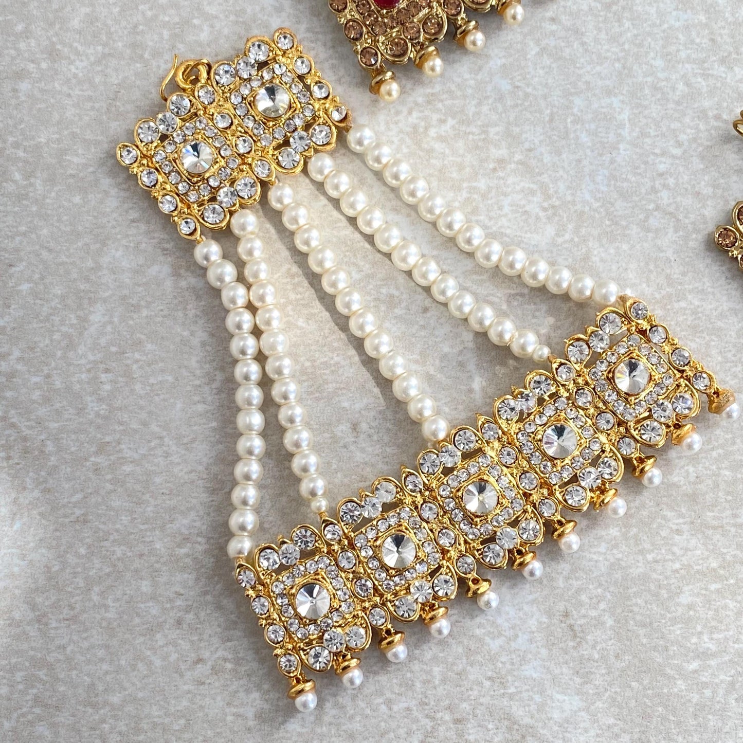 Jhumar with Rhinestone in Multiple Colours / Passa/ Indian/ Pakistani Style/Headpieces/ Medium/ Antique gold/ Silvee