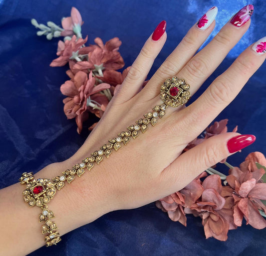 Maroon Clear & Golden Hand Harness/Antique Gold Hathpool/ Fashion Jewellery/ Gift for Women/Indian/Pakistani style/Haathphool/Hand Accessory