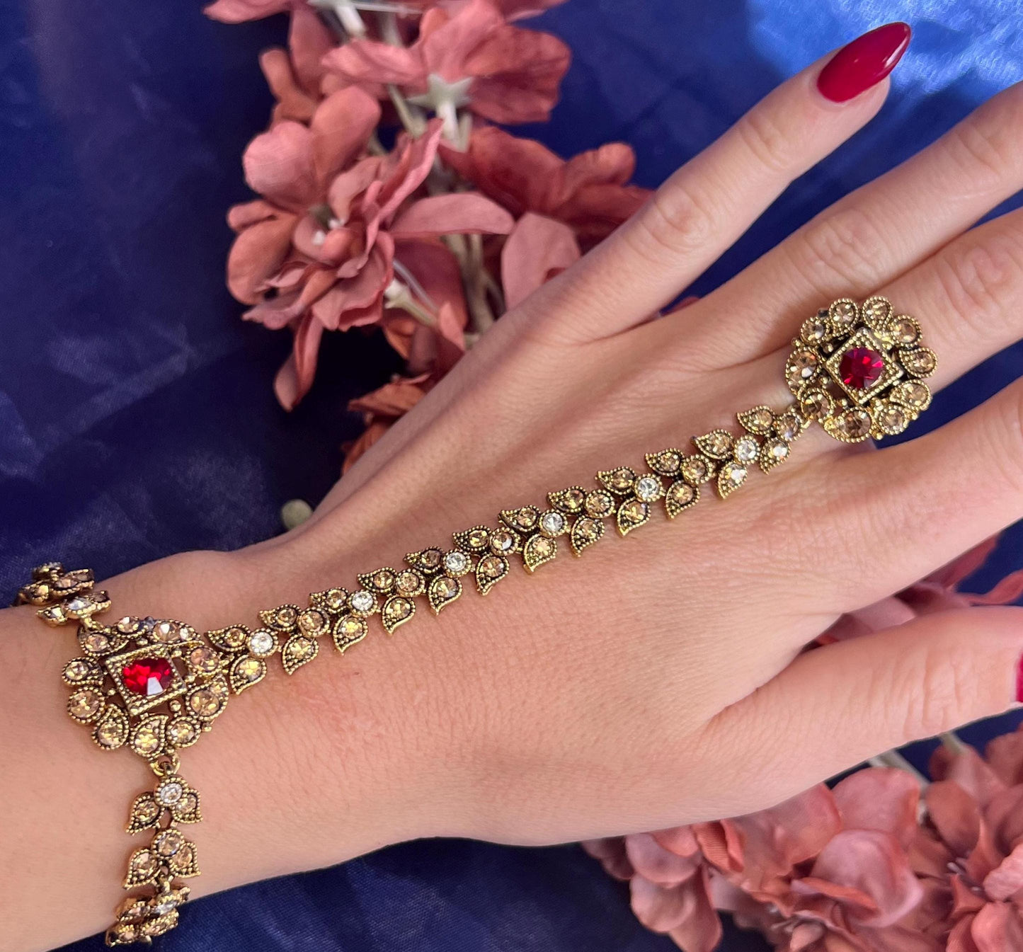 Maroon Clear & Golden Hand Harness/Antique Gold Hathpool/ Fashion Jewellery/ Gift for Women/Indian/Pakistani style/Haathphool/Hand Accessory
