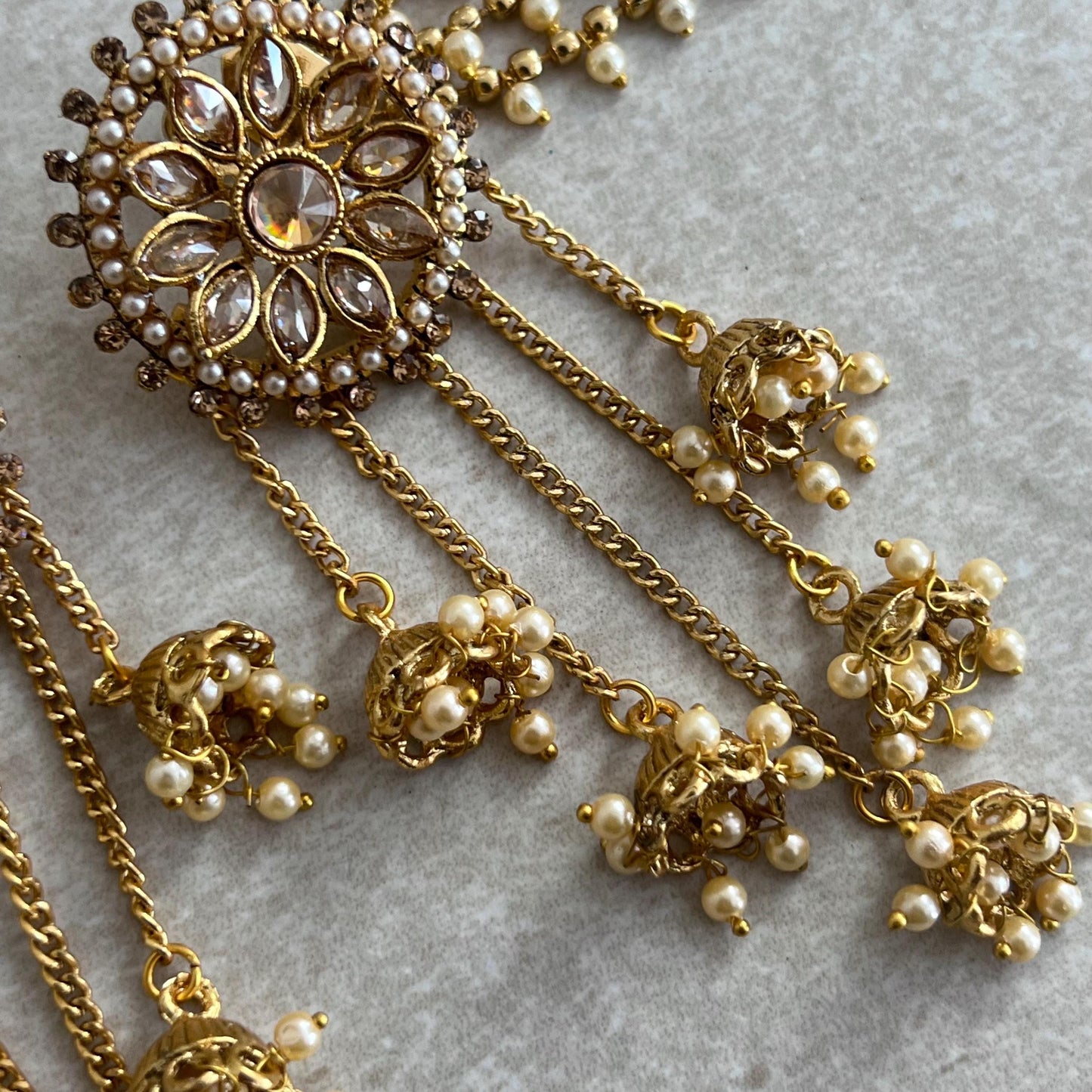 Golden Jhumka Earrings With Ear Chains/Saharay/ Indian Style Earring/ Pearl Floral Design