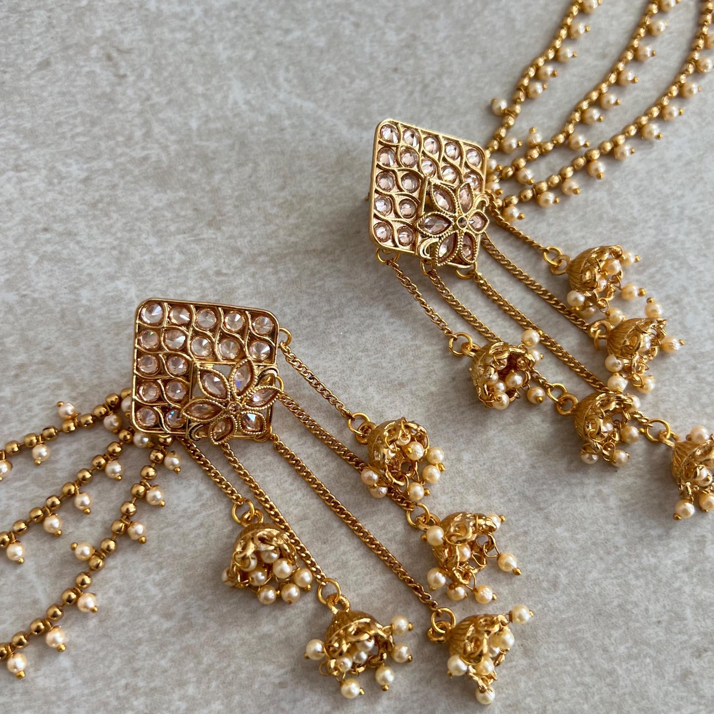 Golden Jhumka Earrings With Ear Chains/Saharay/ Indian Style Earring/ Square Design