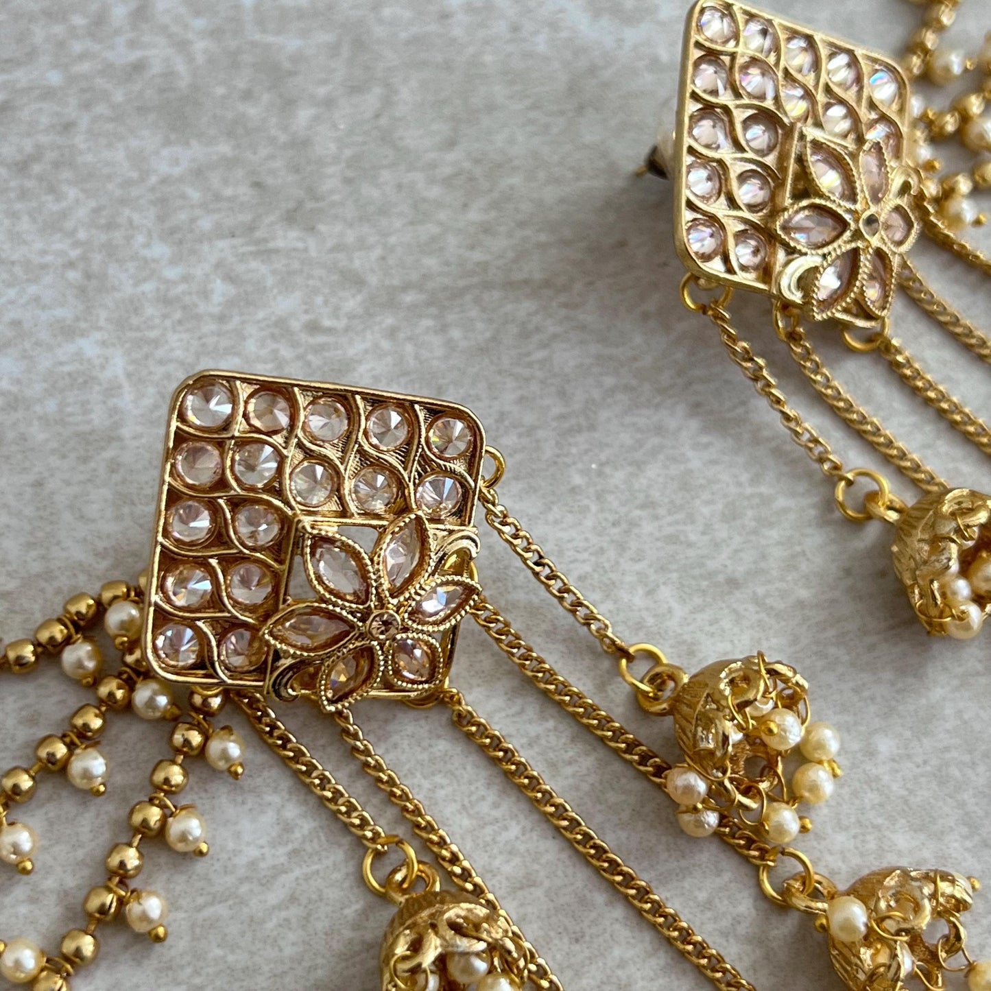 Golden Jhumka Earrings With Ear Chains/Saharay/ Indian Style Earring/ Square Design