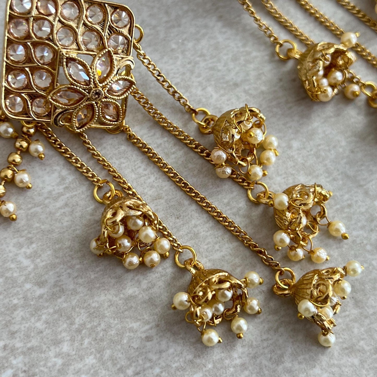 Golden Jhumka Earrings With Ear Chains/Saharay/ Indian Style Earring/ Square Design