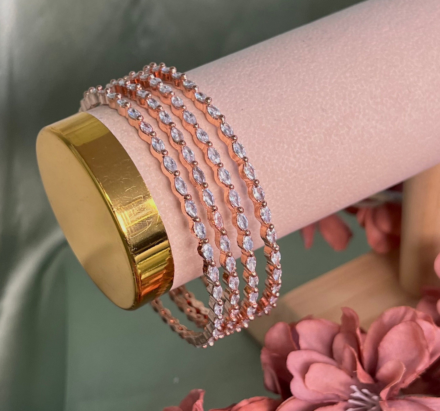 Set of 4 Slim Rose Gold Zircon Bangles/Rose gold/ Indian/ Pakistani/Jewelley/Bridal Bangles/Fashion Bracelet