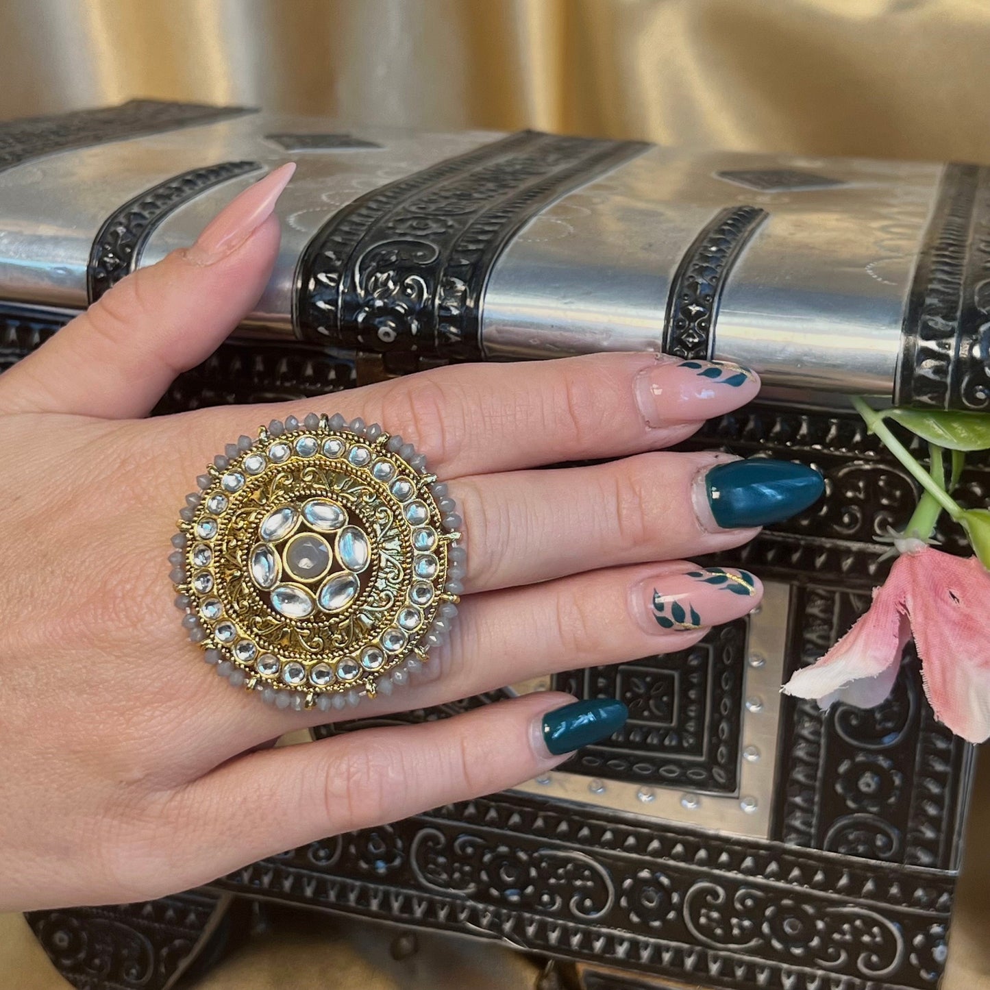 Large Grey Faux Kundan Ring/Fashion Jewellery/ Gift for Women/Indian/Pakistani style