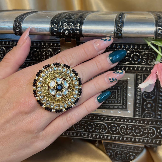 Large Black Faux Kundan Ring/Fashion Jewellery/ Gift for Women/Indian/Pakistani style