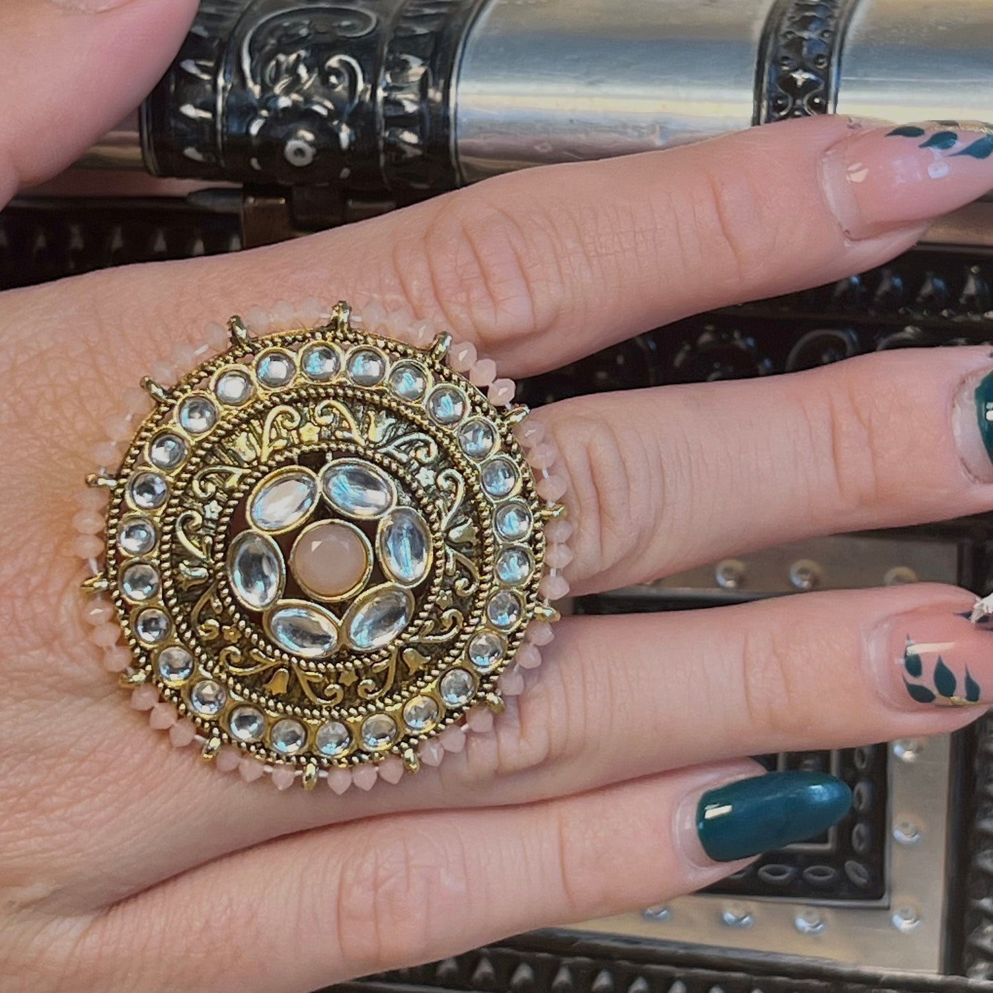 Large Light Peach Faux Kundan Ring/Fashion Jewellery/ Gift for Women/Indian/Pakistani style