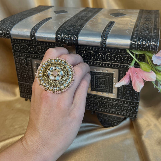 Large Light Peach Faux Kundan Ring/Fashion Jewellery/ Gift for Women/Indian/Pakistani style