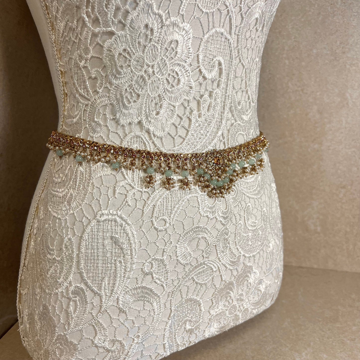 Pastel Pink, blue and gold. Long Mala/ Haar/ Long Necklace/ Waist chain/ Belt/ Sari Belt/ Unique Style/ Indian/ Pakistani/Fashion Jewellery