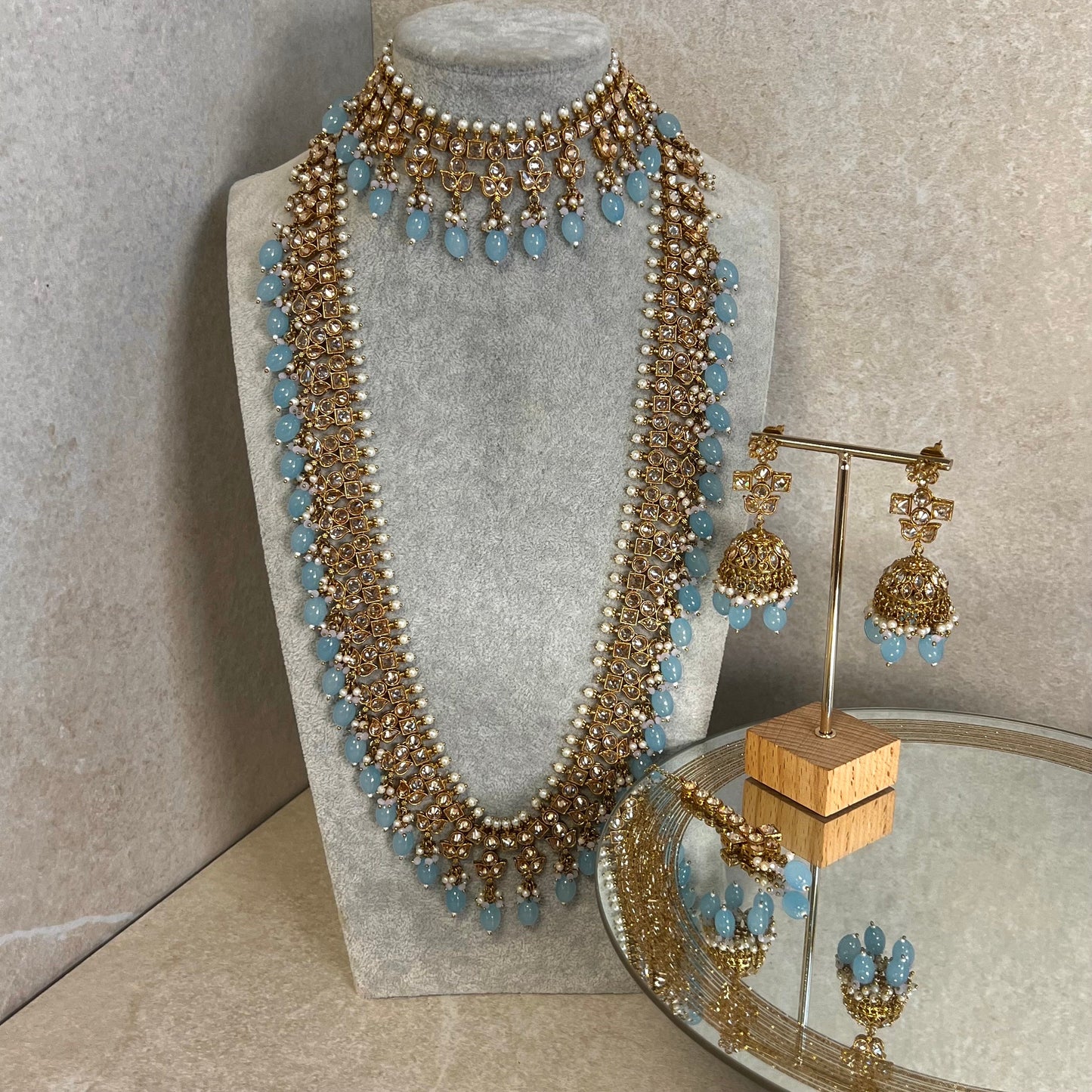 Light Blue Champagne Long Mala set with Choker,Jhumka Earring and Tikka/ Haar/ Long Necklace/ Unique Style/ Indian/ Pakistani Gift for Women
