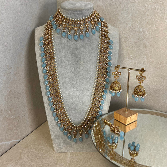 Light Blue Champagne Long Mala set with Choker,Jhumka Earring and Tikka/ Haar/ Long Necklace/ Unique Style/ Indian/ Pakistani Gift for Women