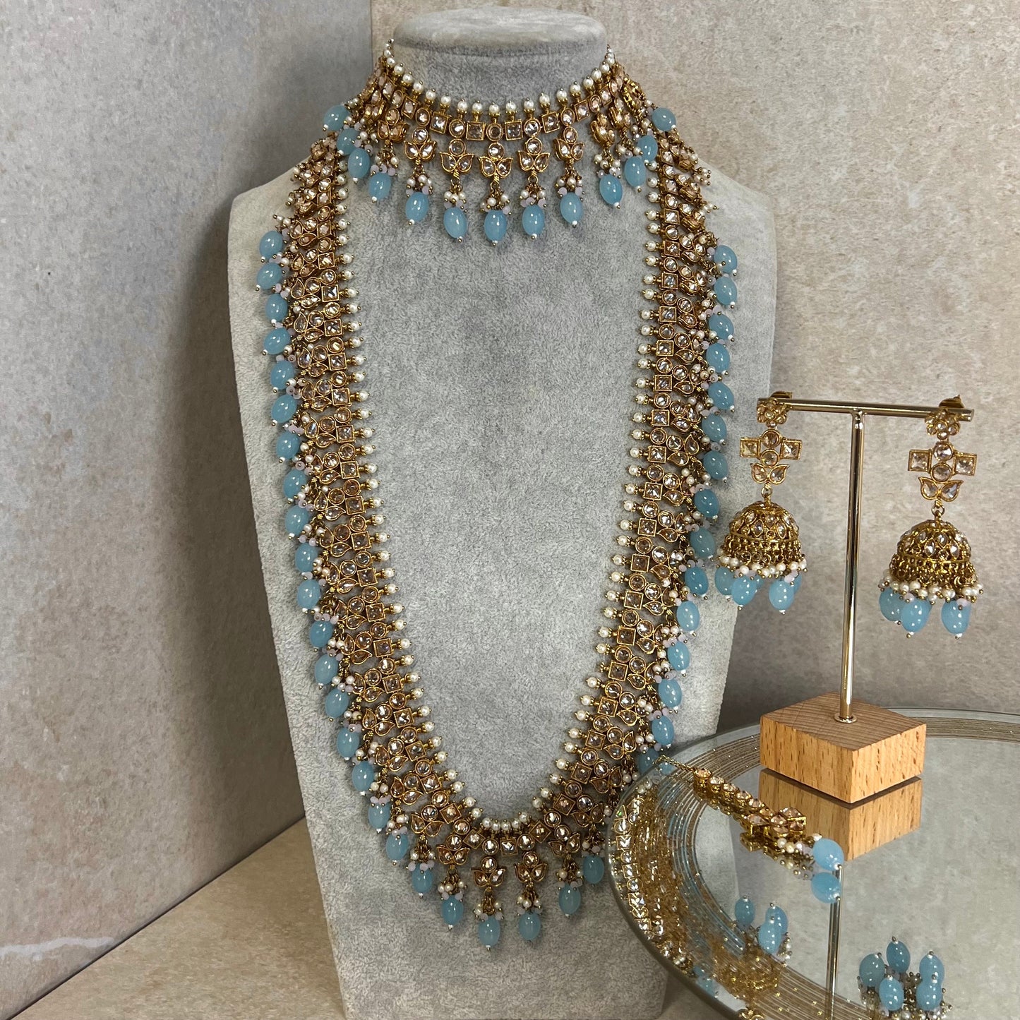 Light Blue Champagne Long Mala set with Choker,Jhumka Earring and Tikka/ Haar/ Long Necklace/ Unique Style/ Indian/ Pakistani Gift for Women