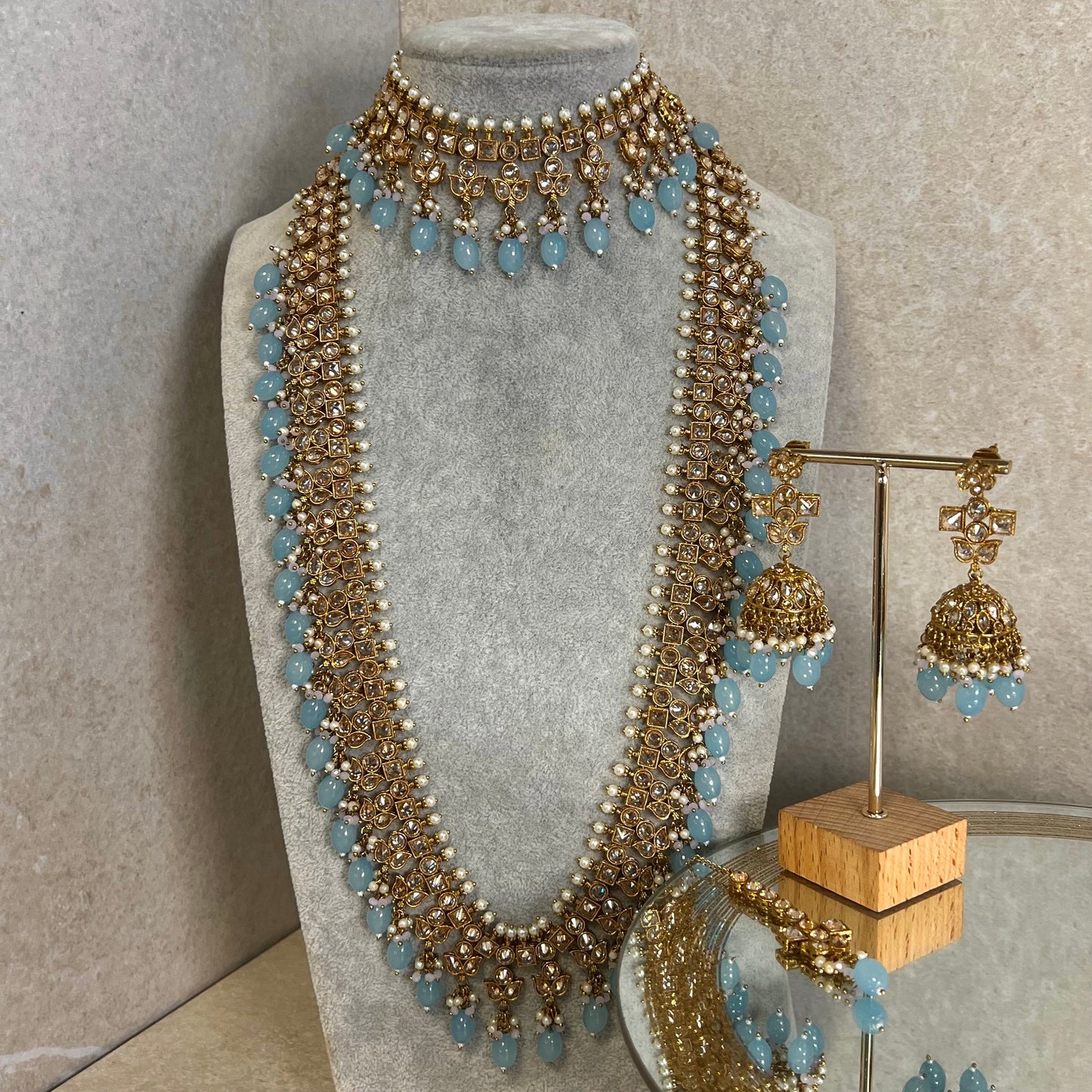 Light Blue Champagne Long Mala set with Choker,Jhumka Earring and Tikka/ Haar/ Long Necklace/ Unique Style/ Indian/ Pakistani Gift for Women