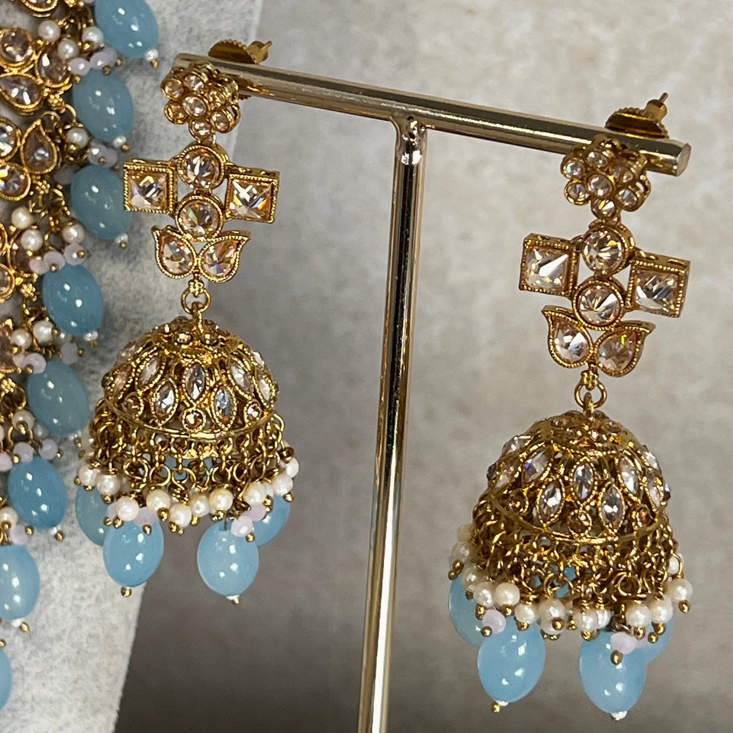 Light Blue Champagne Long Mala set with Choker,Jhumka Earring and Tikka/ Haar/ Long Necklace/ Unique Style/ Indian/ Pakistani Gift for Women