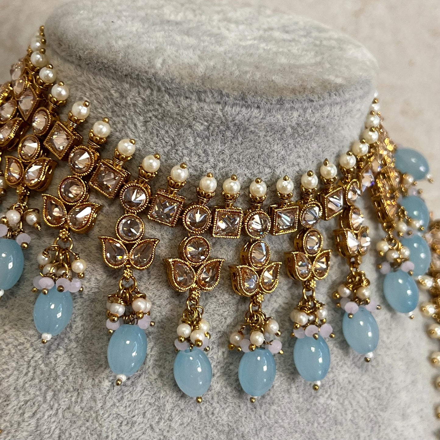 Light Blue Champagne Long Mala set with Choker,Jhumka Earring and Tikka/ Haar/ Long Necklace/ Unique Style/ Indian/ Pakistani Gift for Women