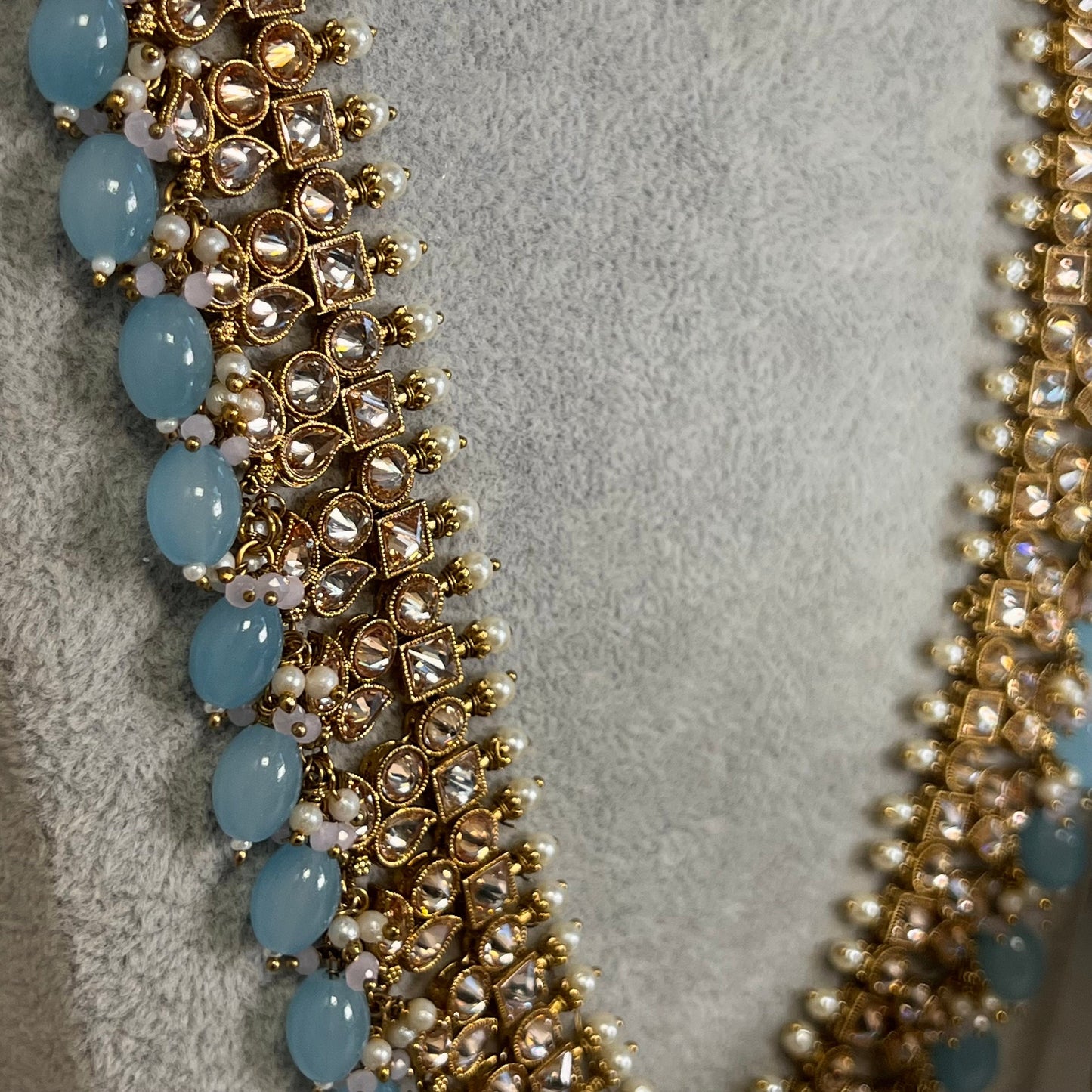 Light Blue Champagne Long Mala set with Choker,Jhumka Earring and Tikka/ Haar/ Long Necklace/ Unique Style/ Indian/ Pakistani Gift for Women