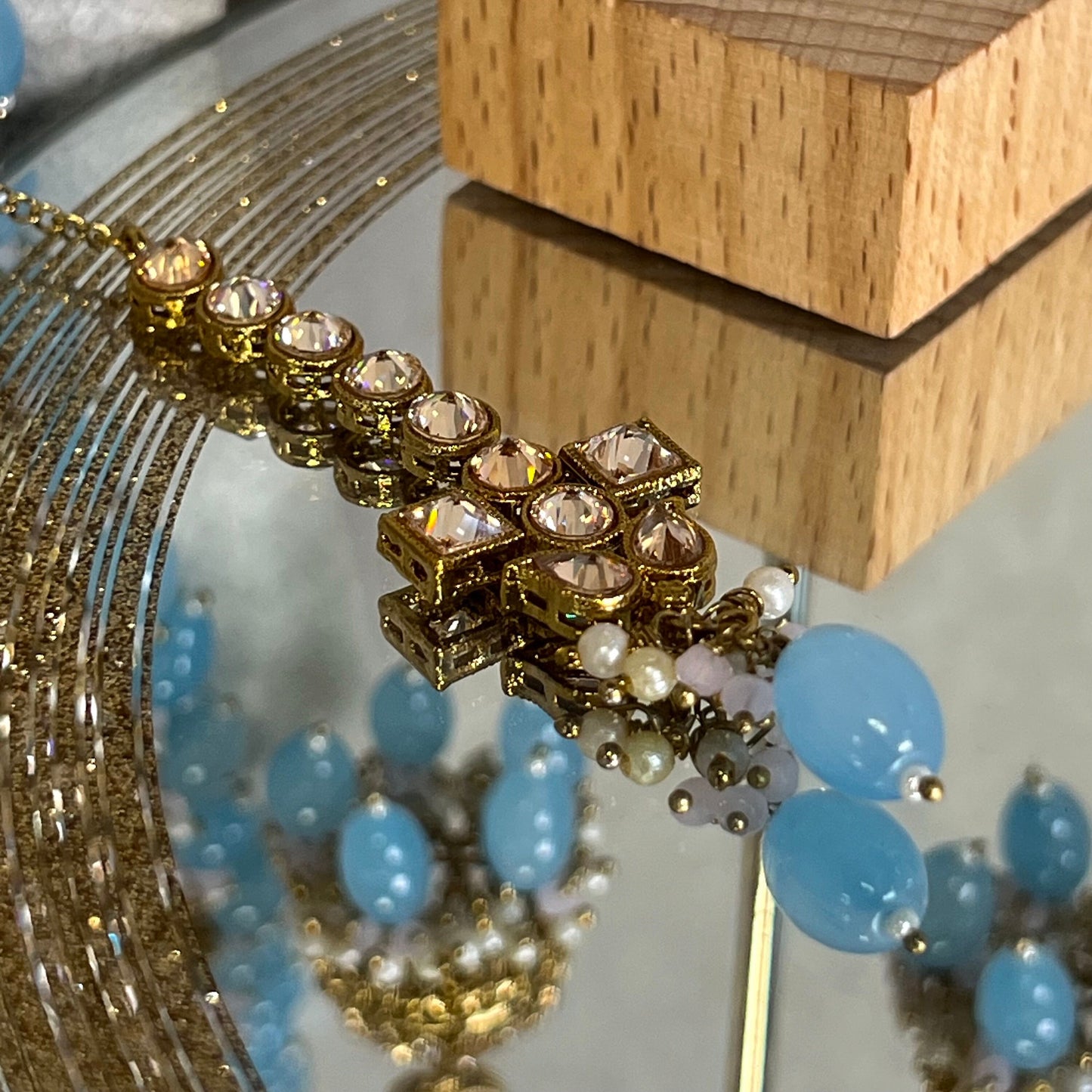 Light Blue Champagne Long Mala set with Choker,Jhumka Earring and Tikka/ Haar/ Long Necklace/ Unique Style/ Indian/ Pakistani Gift for Women