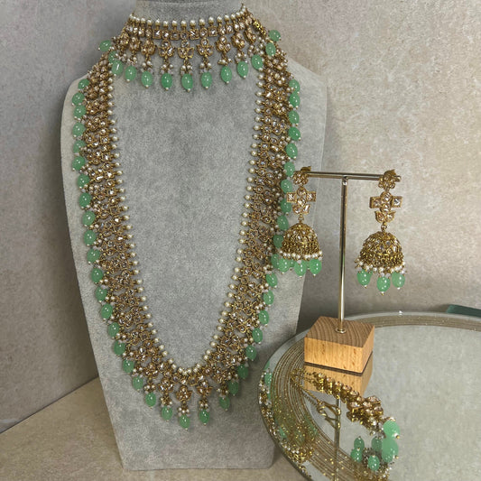Mint Green Champagne Long Mala set with Choker,Jhumka Earring and Tikka/ Haar/ Long Necklace/ Unique Style/ Indian/ Pakistani Gift for Women