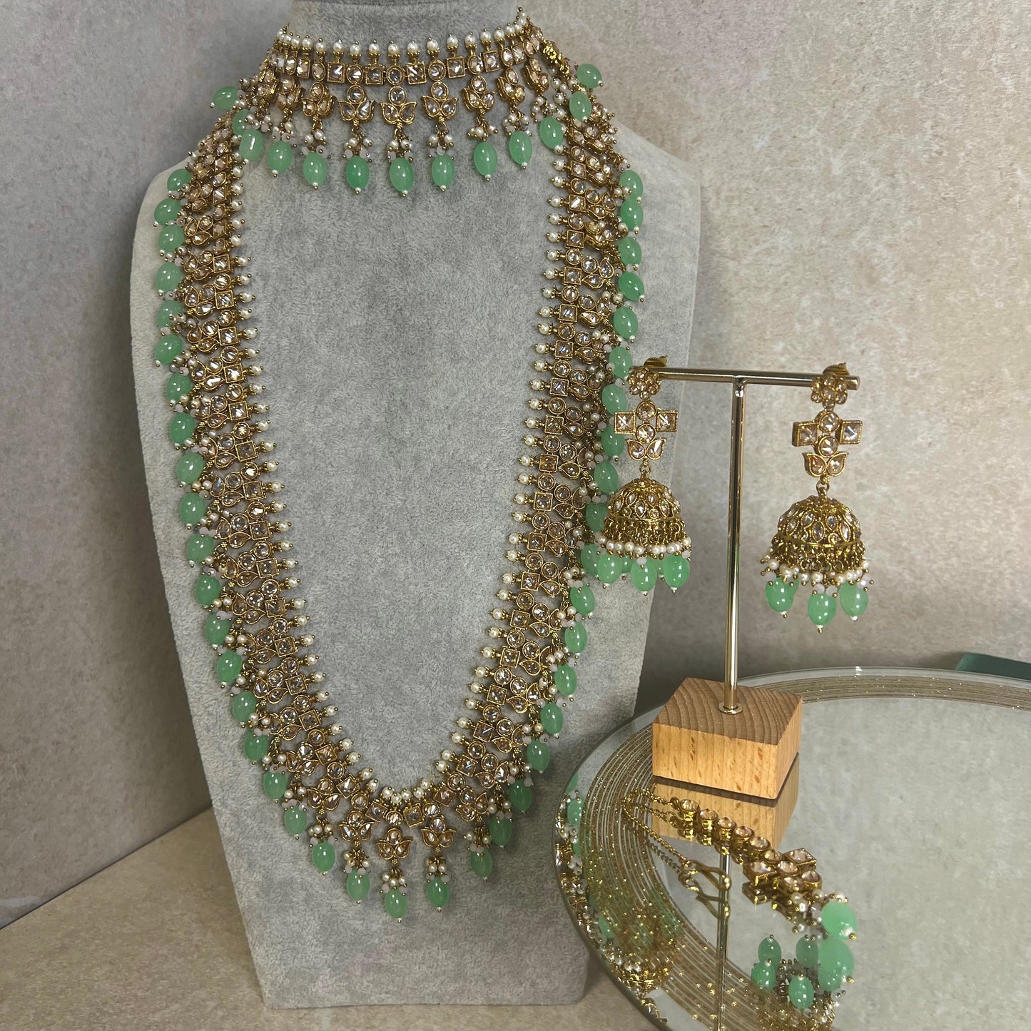 Mint Green Champagne Long Mala set with Choker,Jhumka Earring and Tikka/ Haar/ Long Necklace/ Unique Style/ Indian/ Pakistani Gift for Women