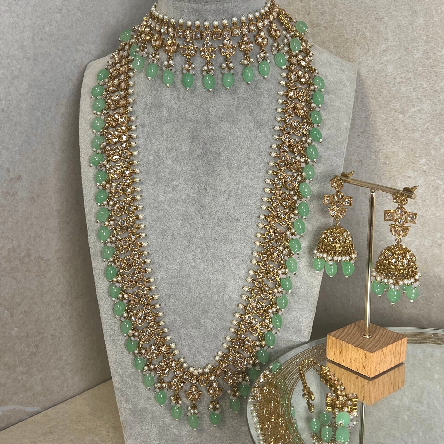 Mint Green Champagne Long Mala set with Choker,Jhumka Earring and Tikka/ Haar/ Long Necklace/ Unique Style/ Indian/ Pakistani Gift for Women