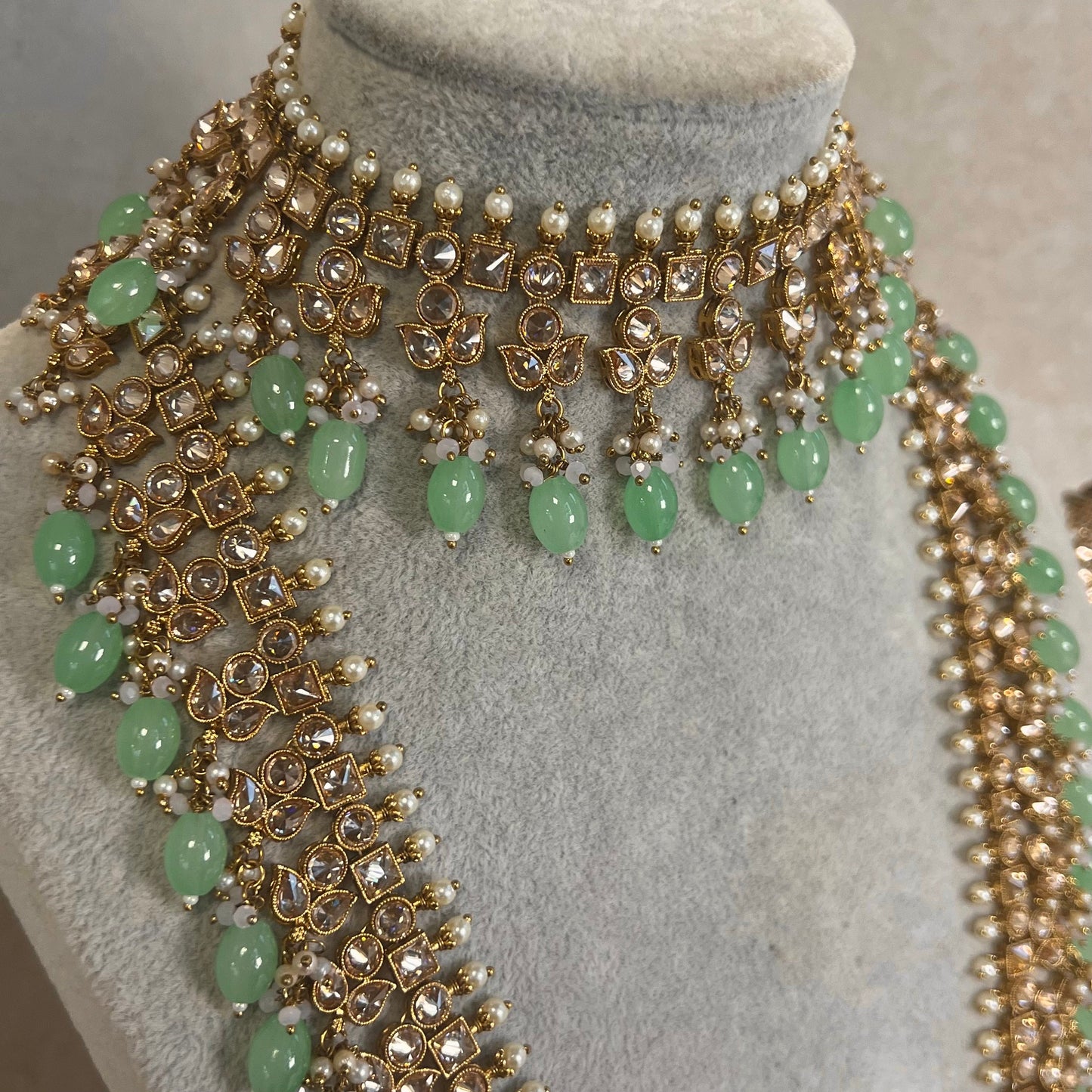 Mint Green Champagne Long Mala set with Choker,Jhumka Earring and Tikka/ Haar/ Long Necklace/ Unique Style/ Indian/ Pakistani Gift for Women