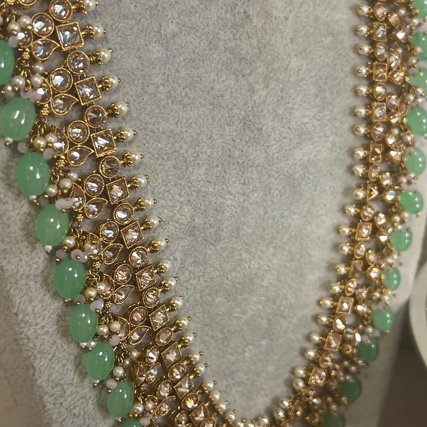 Mint Green Champagne Long Mala set with Choker,Jhumka Earring and Tikka/ Haar/ Long Necklace/ Unique Style/ Indian/ Pakistani Gift for Women