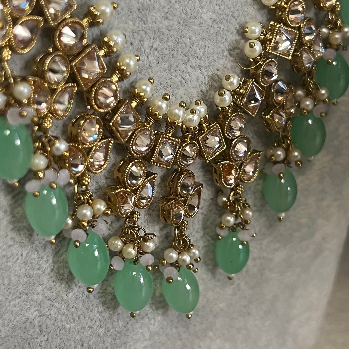 Mint Green Champagne Long Mala set with Choker,Jhumka Earring and Tikka/ Haar/ Long Necklace/ Unique Style/ Indian/ Pakistani Gift for Women