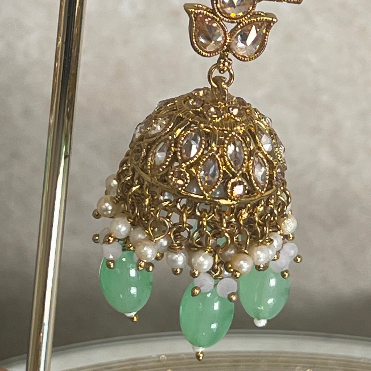 Mint Green Champagne Long Mala set with Choker,Jhumka Earring and Tikka/ Haar/ Long Necklace/ Unique Style/ Indian/ Pakistani Gift for Women