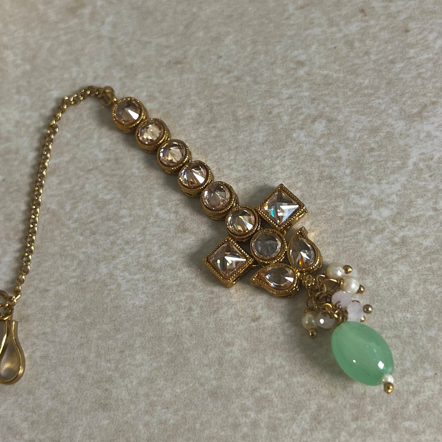 Mint Green Champagne Long Mala set with Choker,Jhumka Earring and Tikka/ Haar/ Long Necklace/ Unique Style/ Indian/ Pakistani Gift for Women