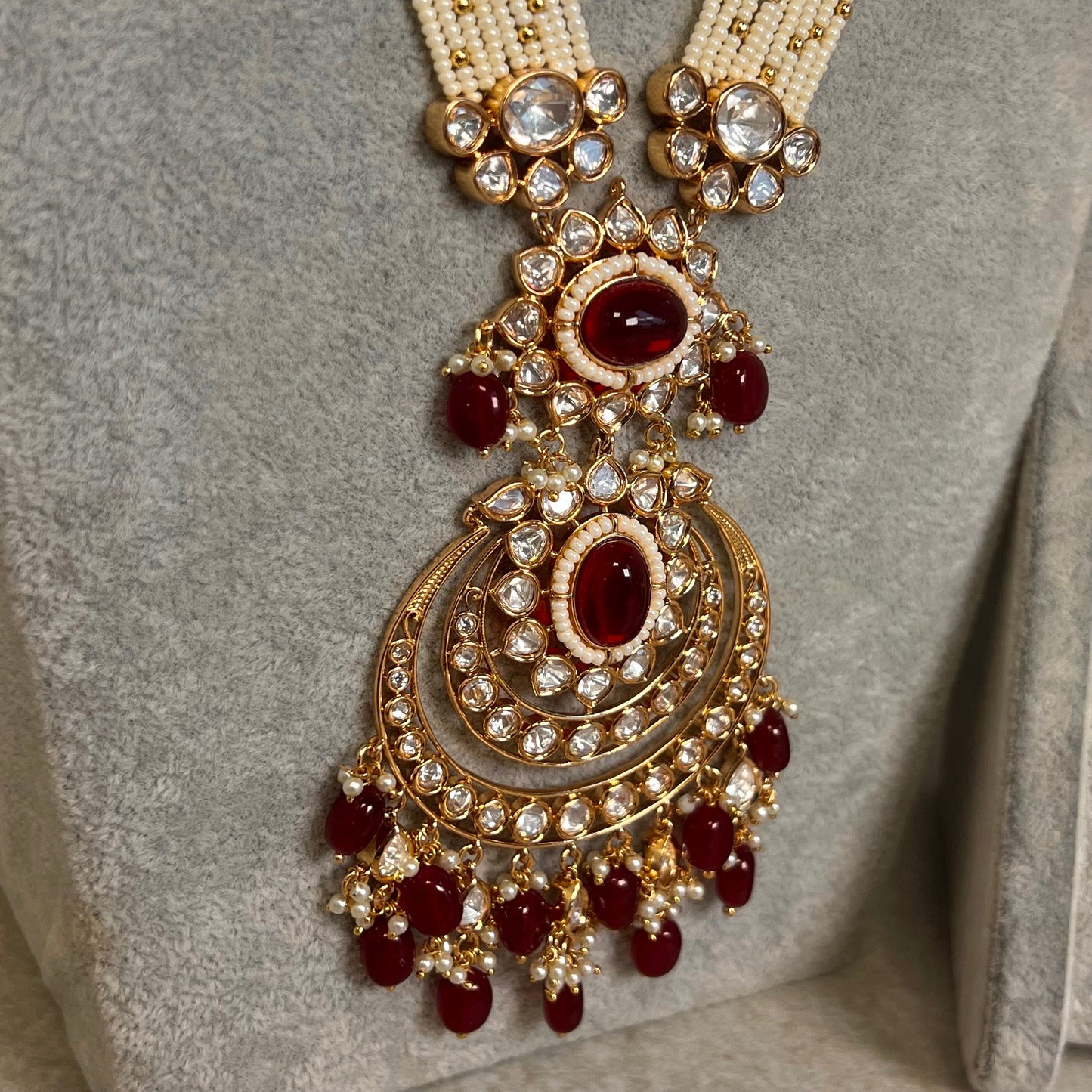 Ruby/ Maroon Full Kundan Gold Plated Style: Bridal Set/ Indian/Pakistani Style/ Choker/ Jhumka Earring/ Tikka/ Sheeshphool/ Hand Harness.