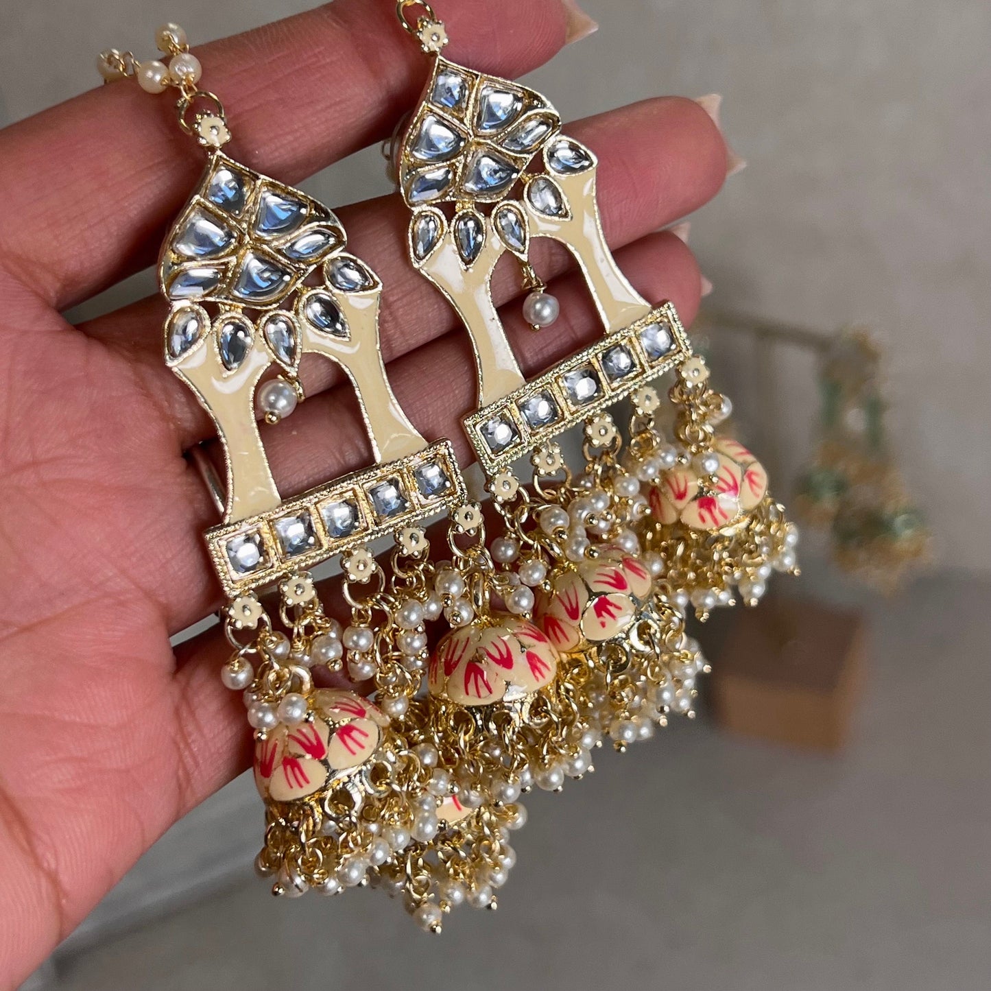 Cream and Pink Meenakari Hand Painted 3 Jhumka Earring / Indian Style/Unique Fancy Jhumka Earrings - NAVRATRI SPECIAL