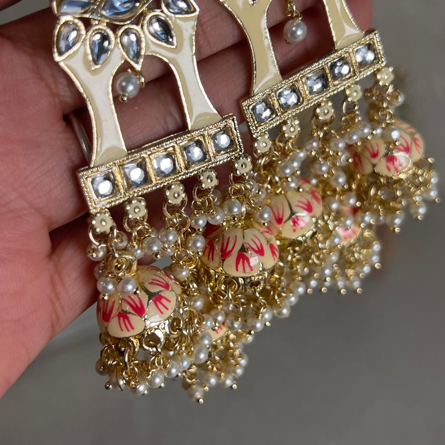 Cream and Pink Meenakari Hand Painted 3 Jhumka Earring / Indian Style/Unique Fancy Jhumka Earrings - NAVRATRI SPECIAL