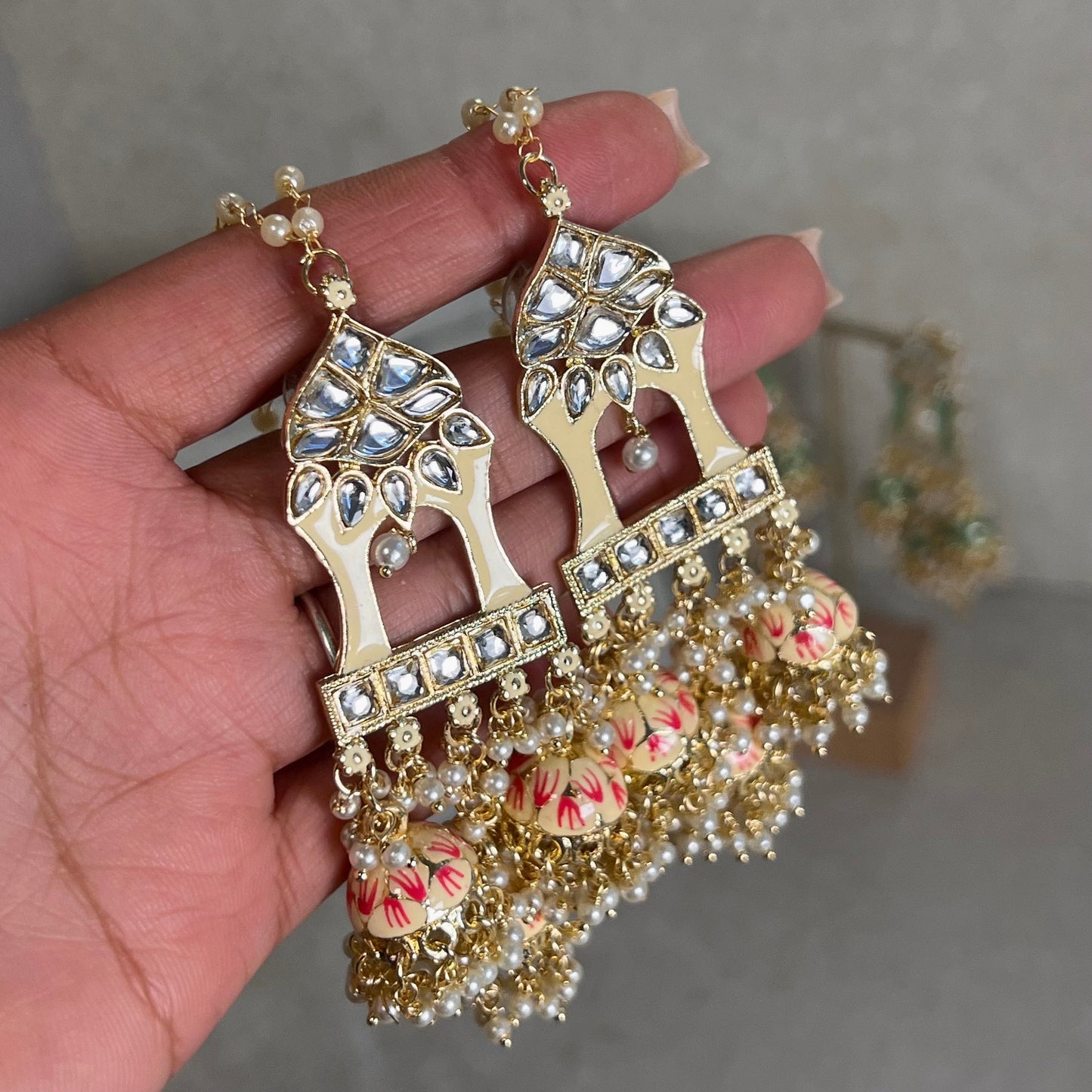 Cream and Pink Meenakari Hand Painted 3 Jhumka Earring / Indian Style/Unique Fancy Jhumka Earrings - NAVRATRI SPECIAL