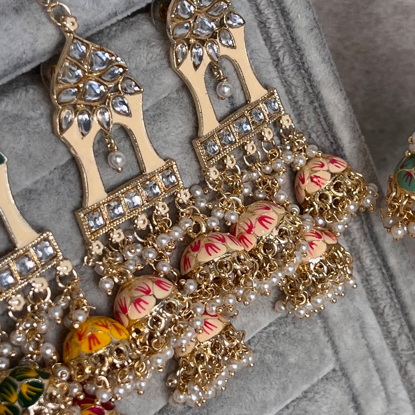 Cream and Pink Meenakari Hand Painted 3 Jhumka Earring / Indian Style/Unique Fancy Jhumka Earrings - NAVRATRI SPECIAL