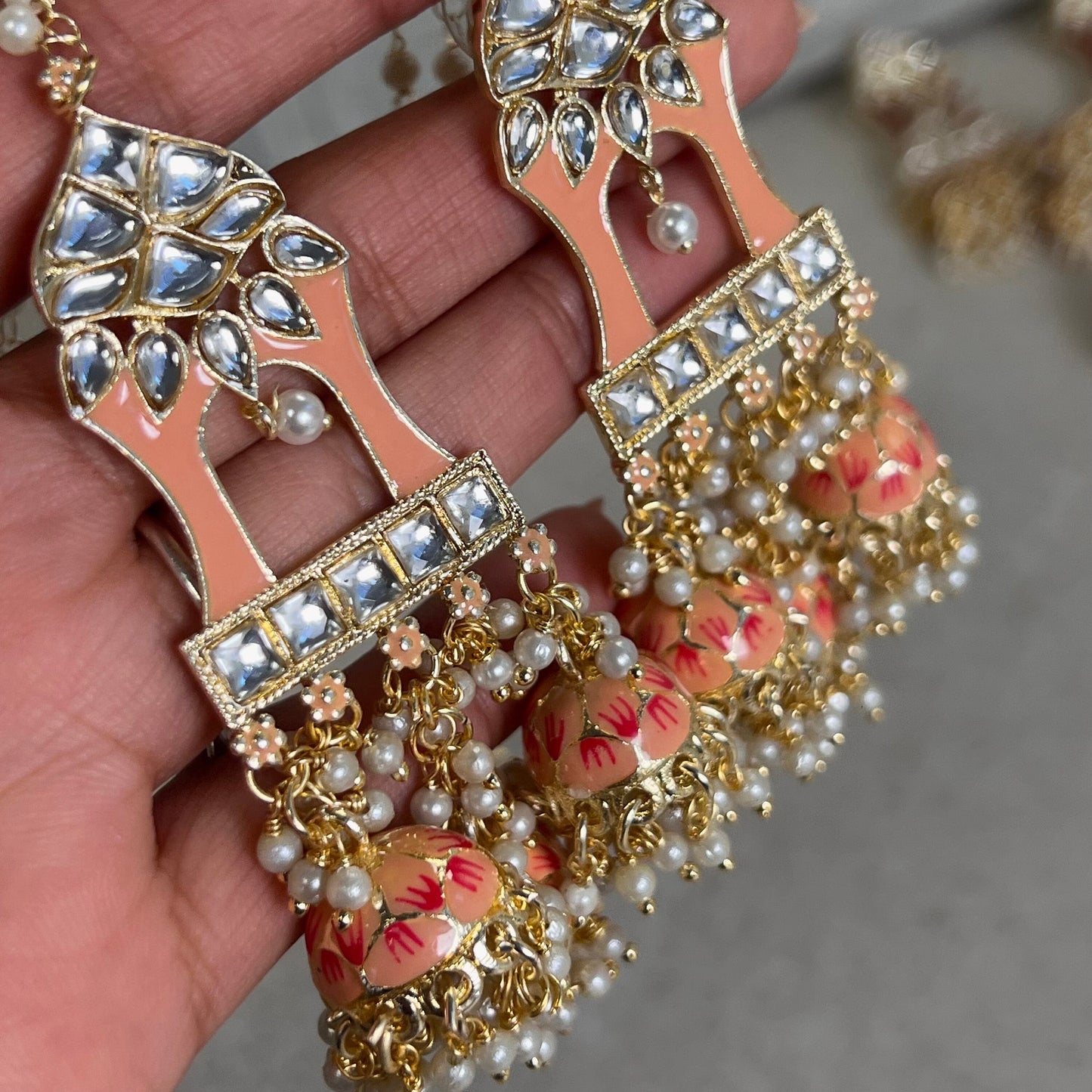 Peach and Pink Meenakari Hand Painted 3 Jhumka Earring / Indian Style/Unique Fancy Jhumka Earrings - NAVRATRI SPECIAL