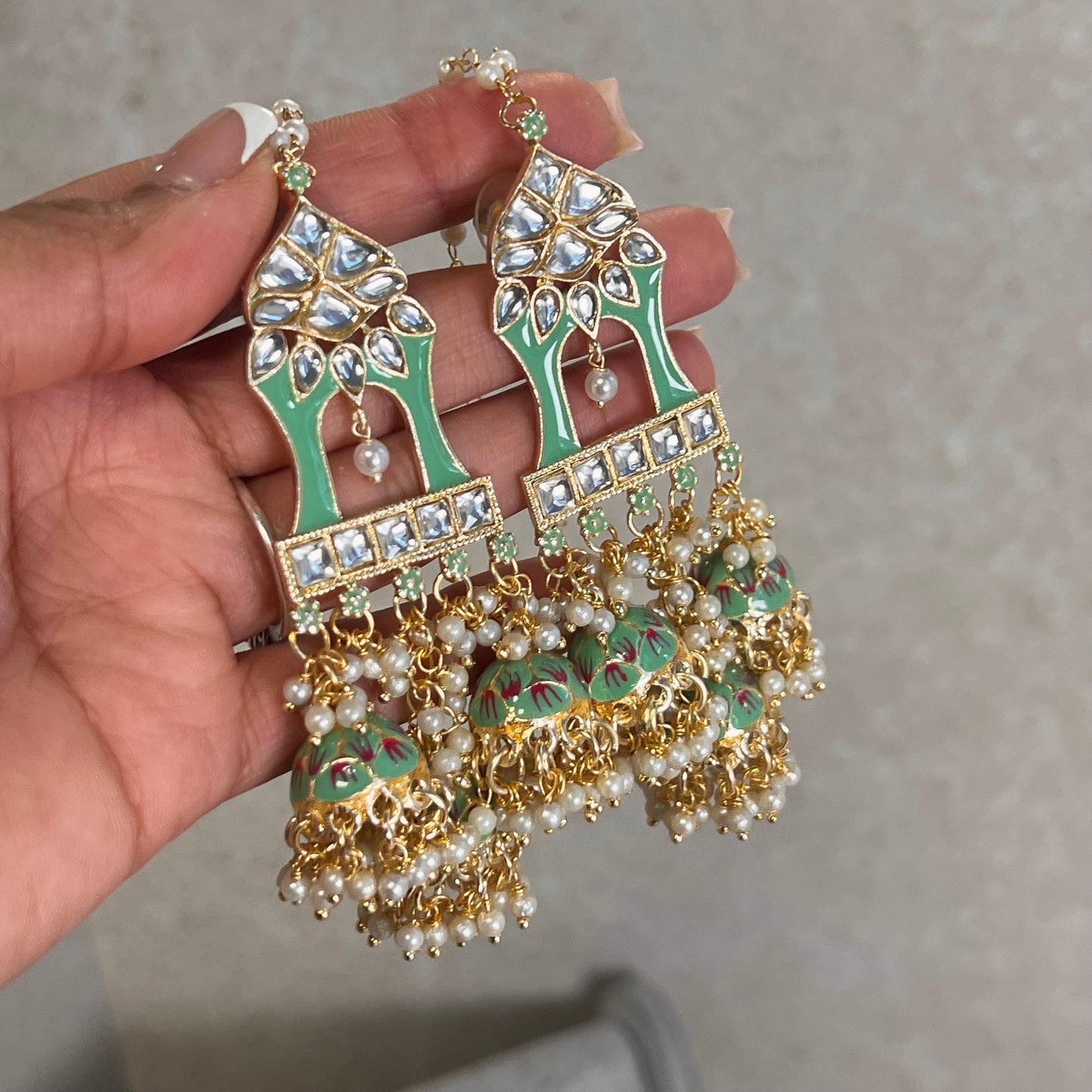 Mint Green/ Pista colour/ Meenakari Hand Painted 3 Jhumka Earring / Indian Style/Unique Fancy Jhumka Earrings - NAVRATRI SPECIAL