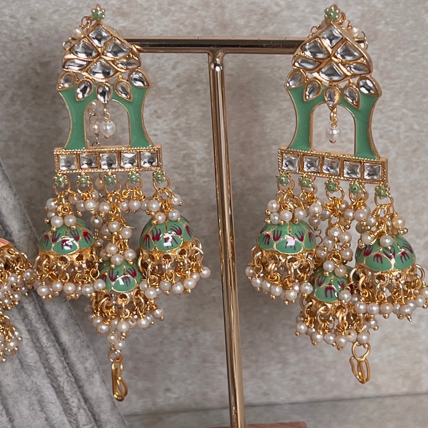Mint Green/ Pista colour/ Meenakari Hand Painted 3 Jhumka Earring / Indian Style/Unique Fancy Jhumka Earrings - NAVRATRI SPECIAL