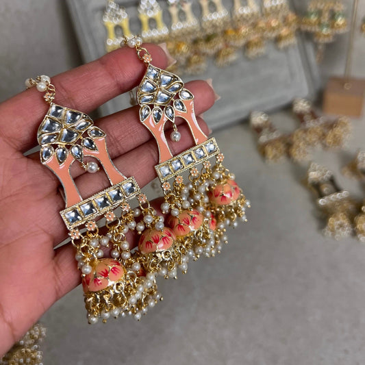 Peach and Pink Meenakari Hand Painted 3 Jhumka Earring / Indian Style/Unique Fancy Jhumka Earrings - NAVRATRI SPECIAL