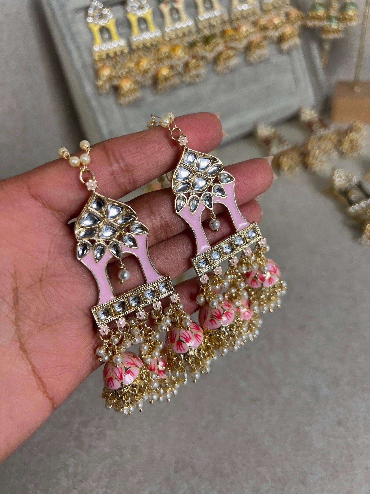 Light Pink Meenakari Hand Painted 3 Jhumka Earring / Indian Style/Unique Fancy Jhumka Earrings - NAVRATRI SPECIAL
