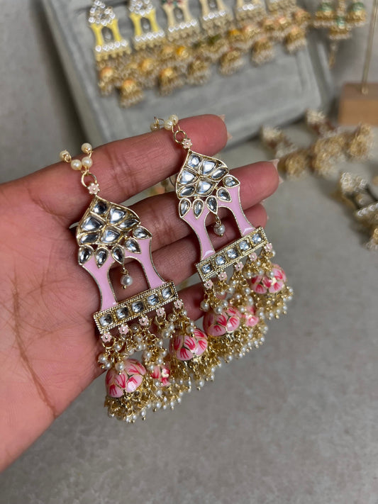 Light Pink Meenakari Hand Painted 3 Jhumka Earring / Indian Style/Unique Fancy Jhumka Earrings - NAVRATRI SPECIAL