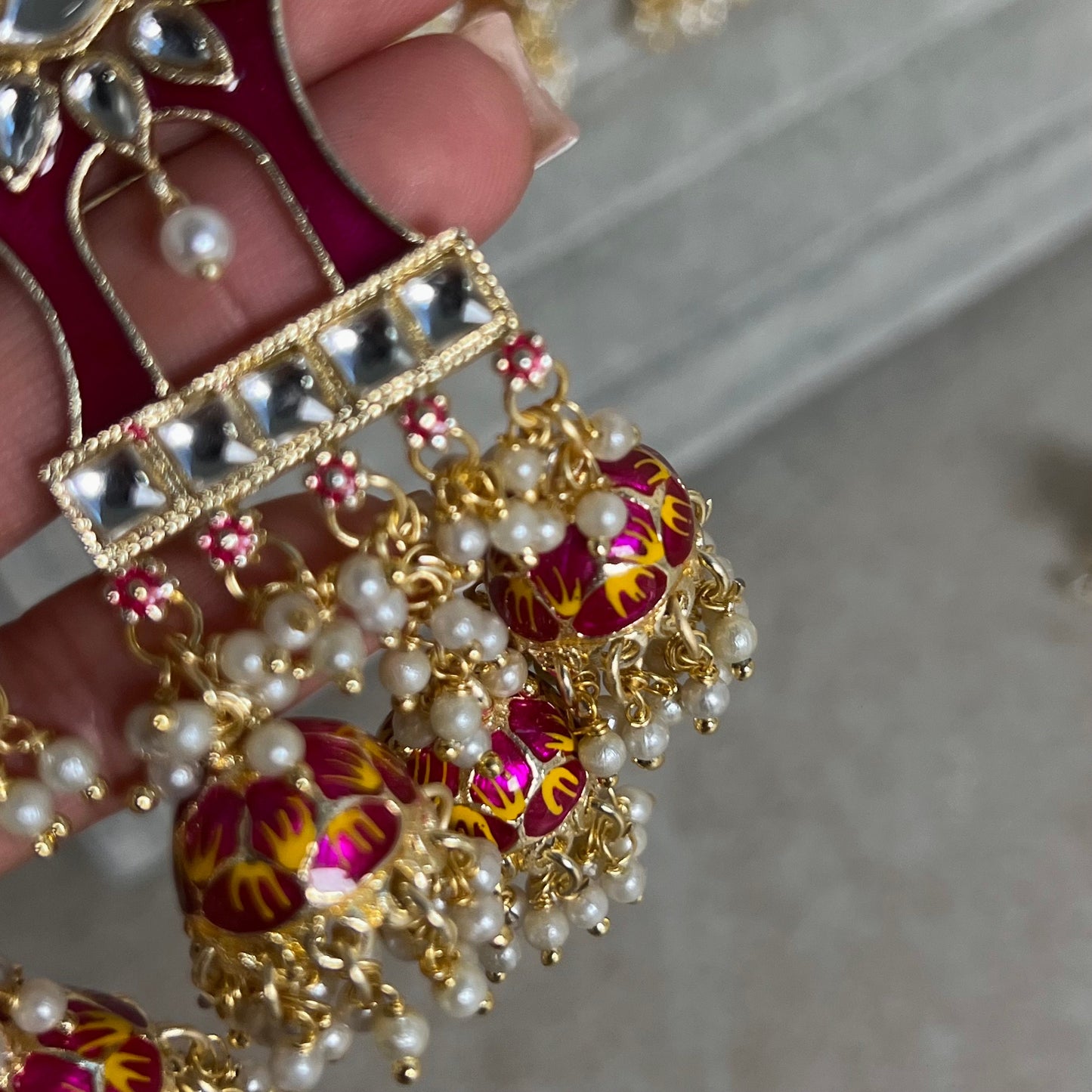 Maroon and Yellow Meenakari Hand Painted 3 Jhumka Earring / Indian Style/Unique Fancy Jhumka Earrings - NAVRATRI SPECIAL